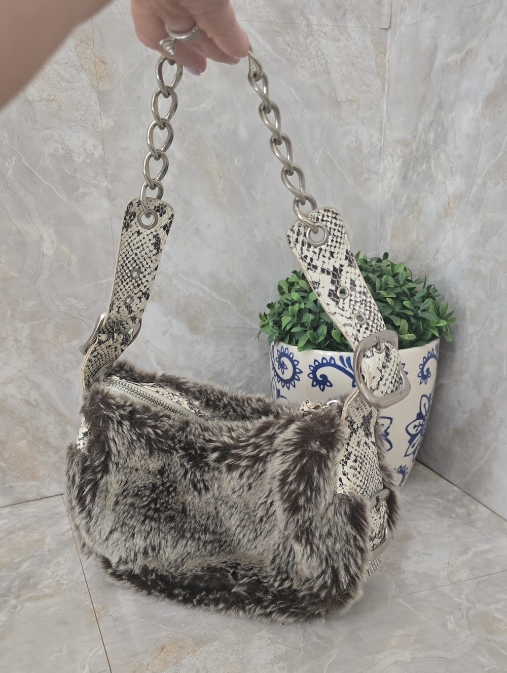 Faux Fur Shoulder Bag with Snake-Print Strap - Brown